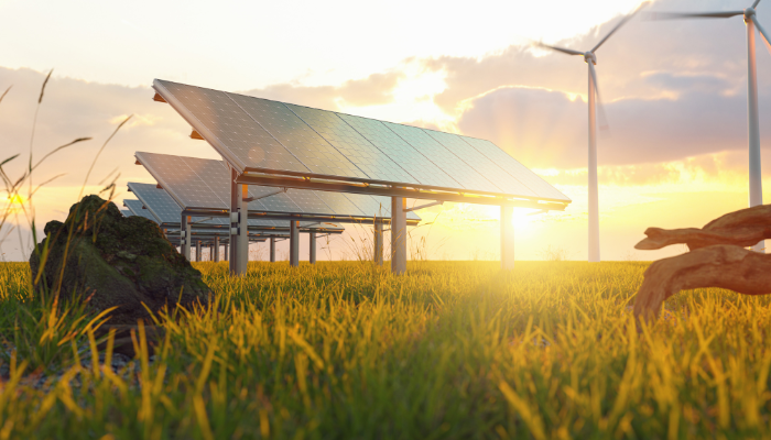Paneles solares iluminados por la luz del sol y turbinas eólicas en el fondo, ilustrando soluciones limpias y sostenibles