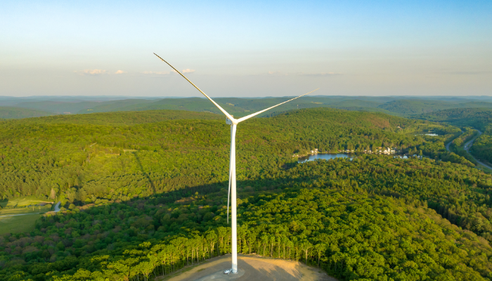 Vista aérea de un aerogenerador en medio de un bosque, destacando el potencial de la energía eléctrica en Uruguay.