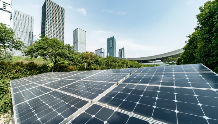Paneles solares ubicados en un entorno urbano con edificios de fondo, evidenciando la expansión de Paneles Solares en Argentina en zonas metropolitanas.