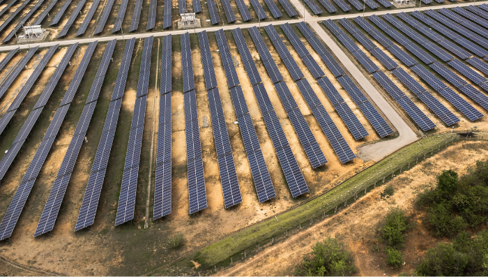 Vista aérea de un gran parque fotovoltaico con hileras de paneles, mostrando la magnitud de los Paneles Solares