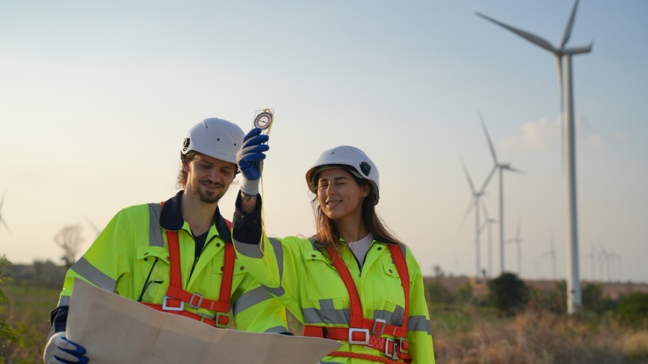 Dos ingenieros sonríen mientras planifican con brújula y mapa en un campo eólico, destacando la integración de juventud y tecnología al servicio del progreso social.
