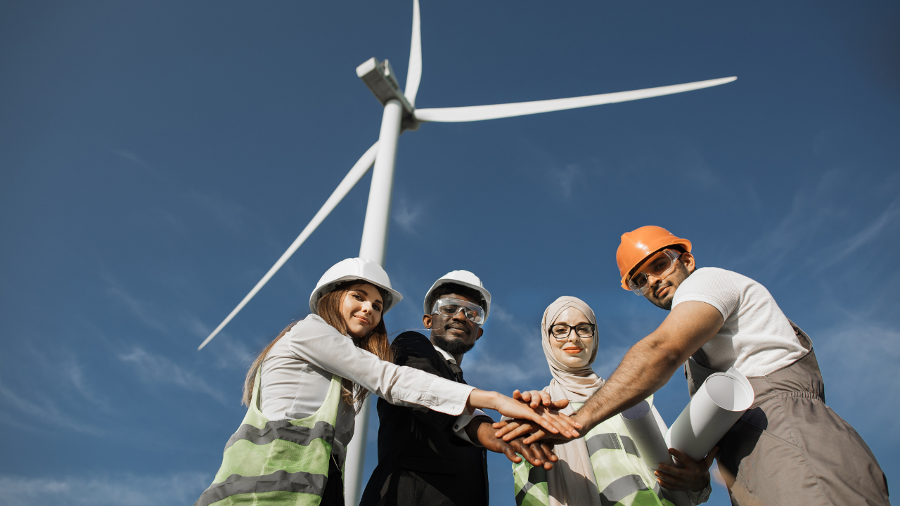 A diverse engineering team stands united beneath a wind turbine, symbolizing teamwork and innovation in renewable energy.