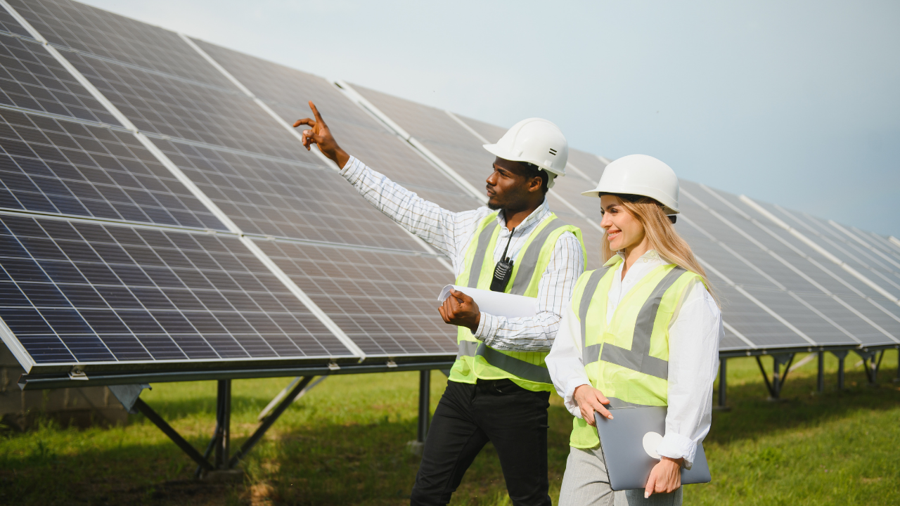 Two engineers wearing safety vests and helmets are inspecting a field of solar panels. One is pointing ahead while the other listens attentively, illustrating teamwork and a forward-looking approach to renewable energy.