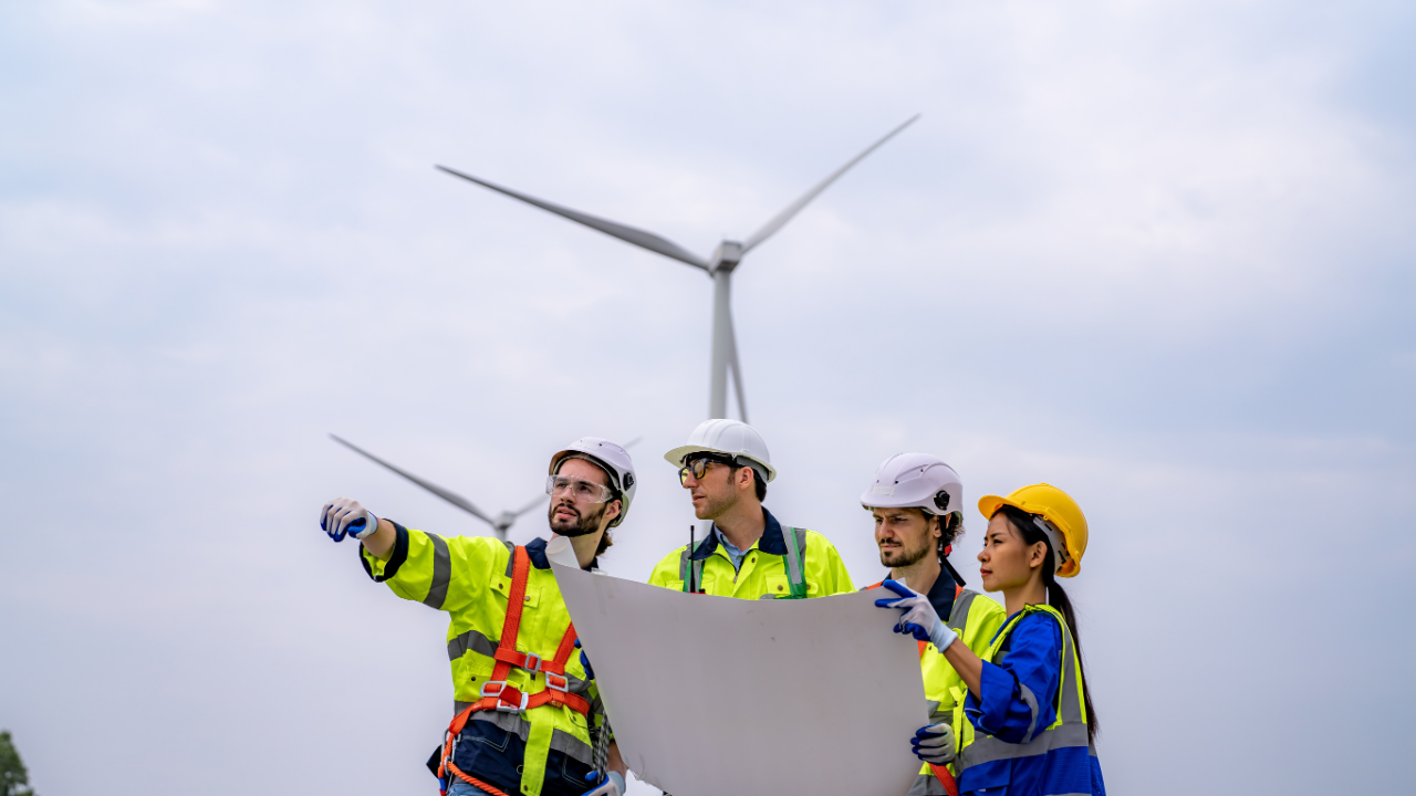 Engineers review wind energy plans on-site, highlighting a hands-on approach to sustainable infrastructure development.