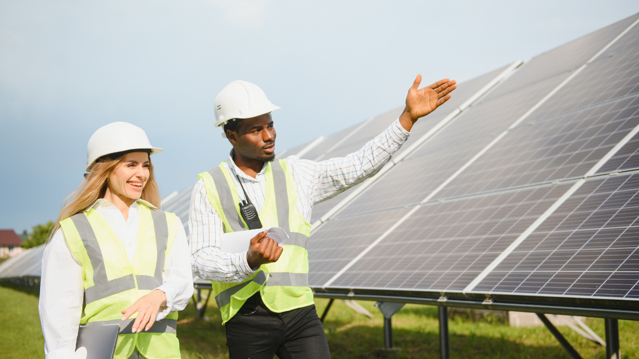 A pair of engineers examine and discuss solar installations, gesturing toward the field. Their interaction underscores the role of architectural integration in blending solar technology with landscape design and urban planning goals.