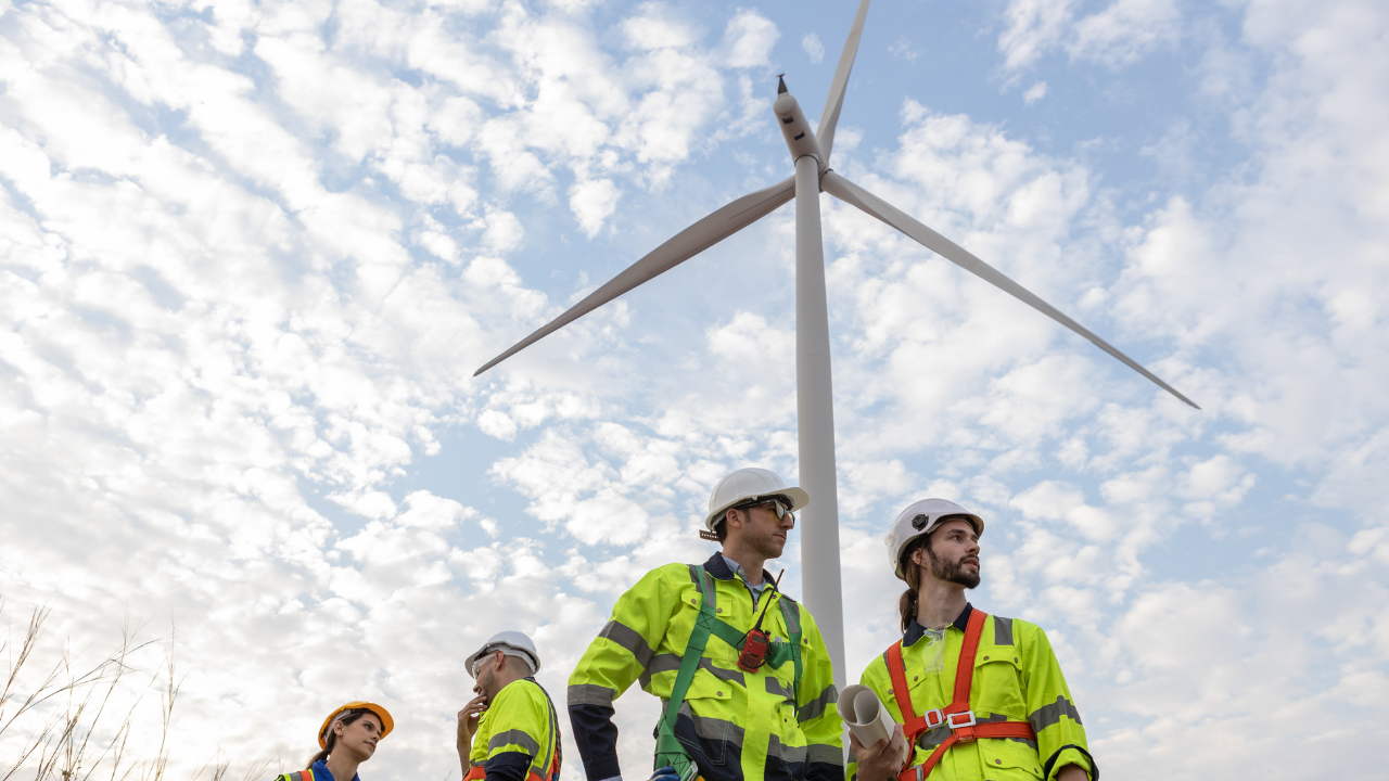 Un grupo de técnicos observa una turbina eólica mientras revisa planos, reflejando el compromiso con las energías limpias.