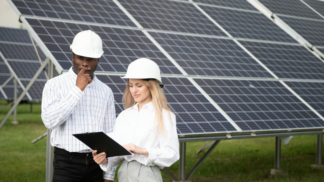 Two engineers in white helmets stand in front of a solar panel array, reviewing documents. The scene highlights a professional inspection of solar trackers, showcasing clean energy infrastructure in a green, well-maintained environment.
