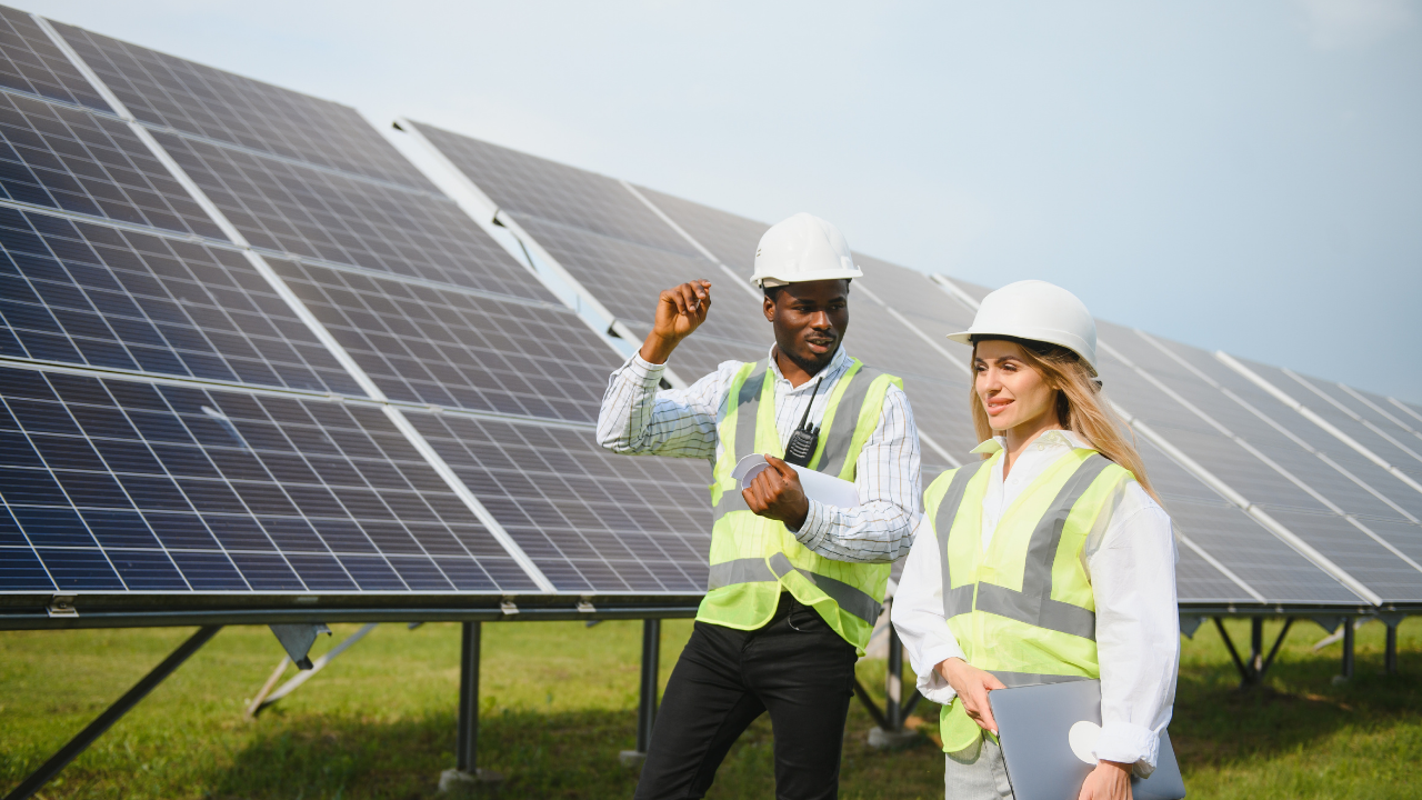 Dos técnicos conversan animadamente frente a paneles solares, uno de ellos con gesto expresivo. Sus chalecos reflectantes sugieren una revisión técnica relacionada con la instalación de baterías solares.