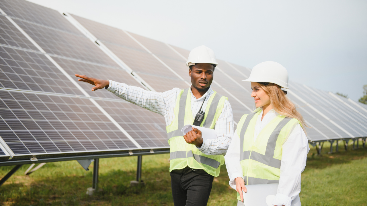 Two professionals discuss in front of a large solar array, with one pointing toward the field. The interaction and attire emphasize a guided evaluation of a solar panel system in a practical, field-based context.