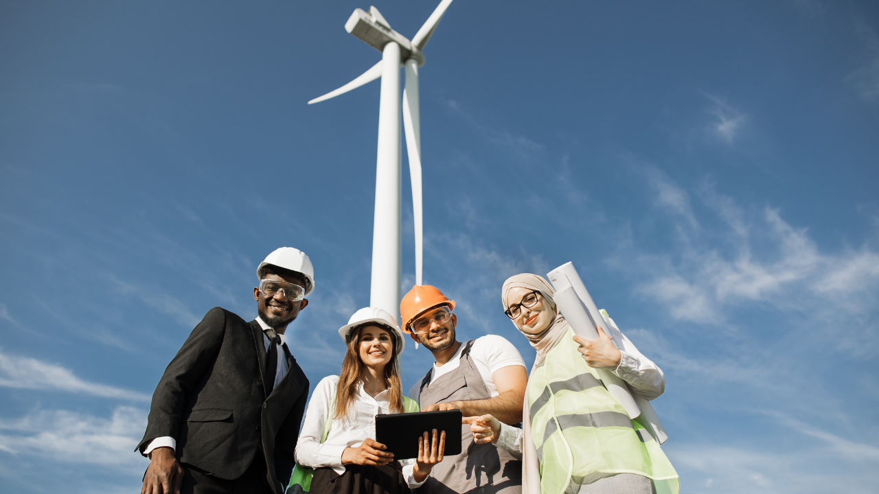 Un equipo diverso analiza datos en una tableta frente a un aerogenerador, representando la colaboración en proyectos de energía renovable.
