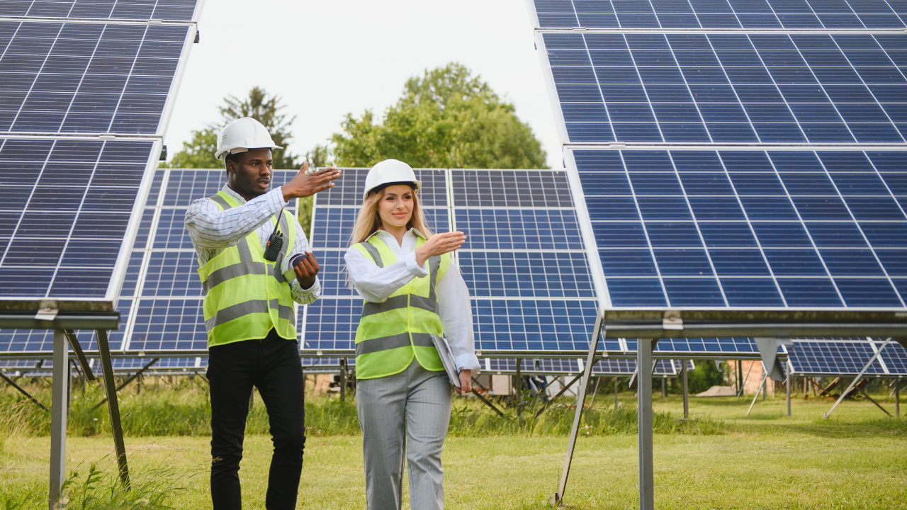 Dos técnicos inspeccionan una instalación solar. Él señala hacia una dirección mientras conversan. Ambos llevan chalecos reflectantes y cascos, representando un enfoque profesional en la implementación de energía solar térmica en terrenos abiertos.