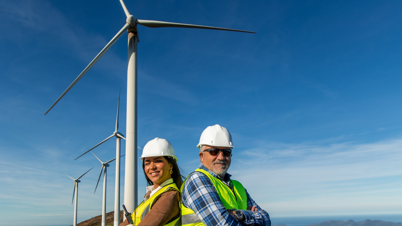Two engineers stand confidently back-to-back among wind turbines, representing experience and generational collaboration in wind energy efficiency.