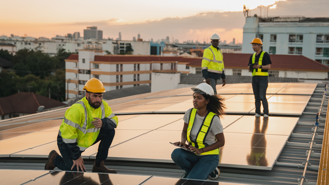 A group of professionals in reflective gear works atop urban rooftops during sunset, showcasing a practical approach to sustainable construction. The image conveys collaborative action as they install solar panels.