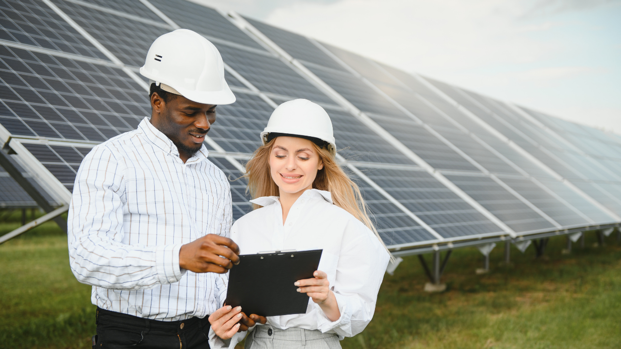 Un hombre y una mujer, ambos con cascos de seguridad, observan una planilla con una sonrisa frente a los paneles solares. Representa a un equipo español de instalador de paneles solares satisfecho con su progreso.