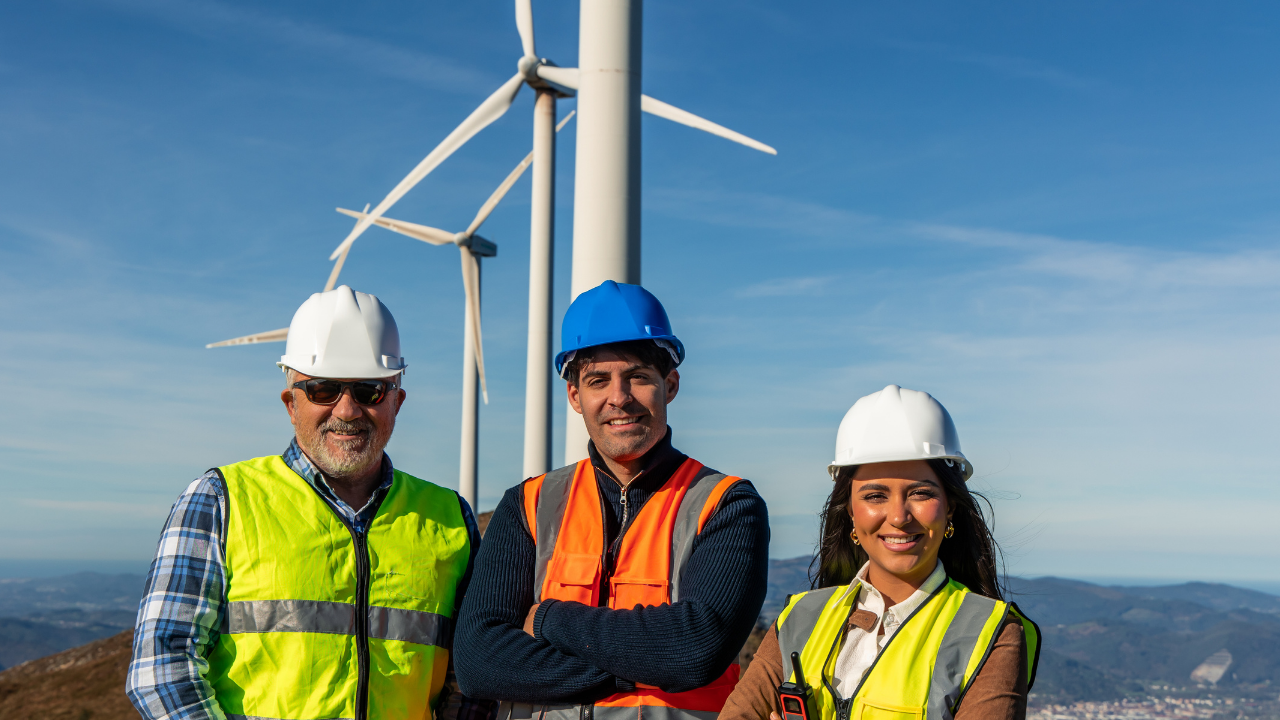 Three engineers in safety gear stand confidently in front of multiple wind turbines on a sunny hill, highlighting teamwork in renewable energy development.