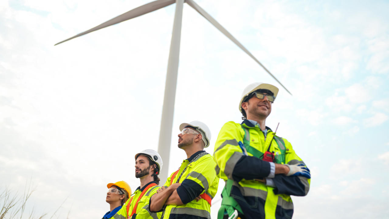 Ingenieros con uniforme de seguridad posan orgullosos frente a un aerogenerador, reflejando el compromiso con la optimización energética.