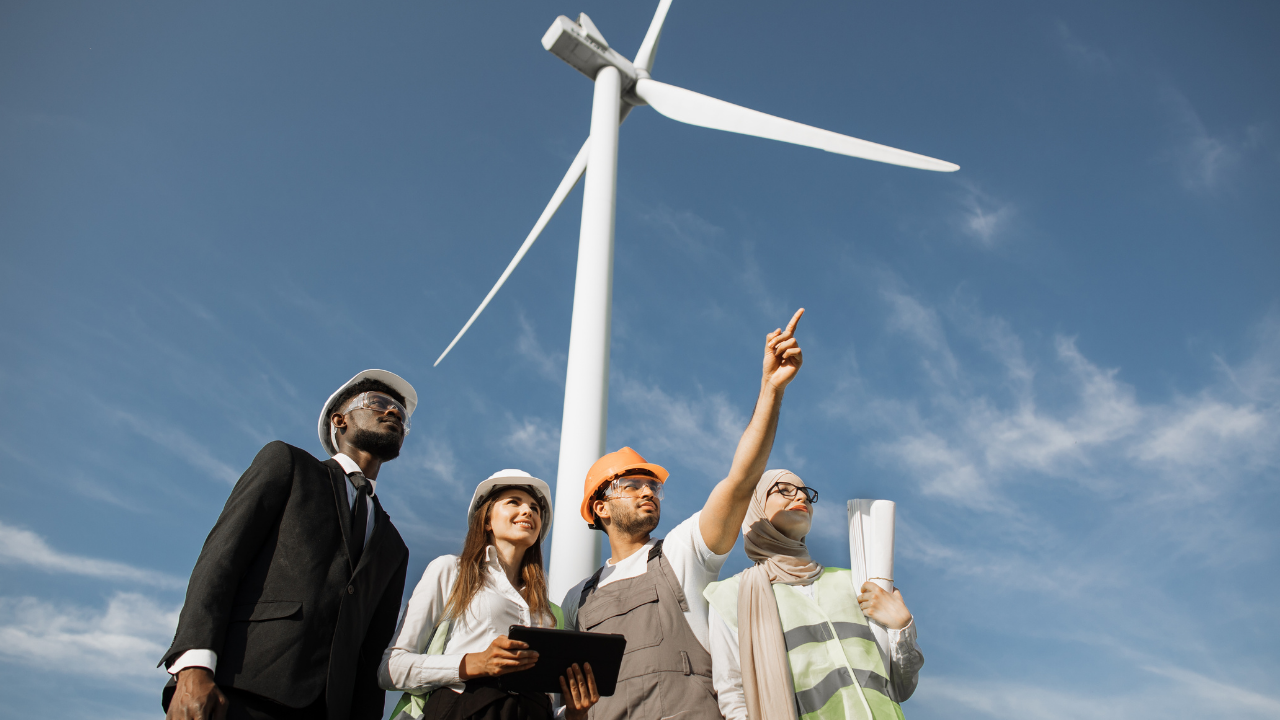 A team of professionals surveys a wind turbine installation site, suggesting future implementation of vertical wind turbine technology.