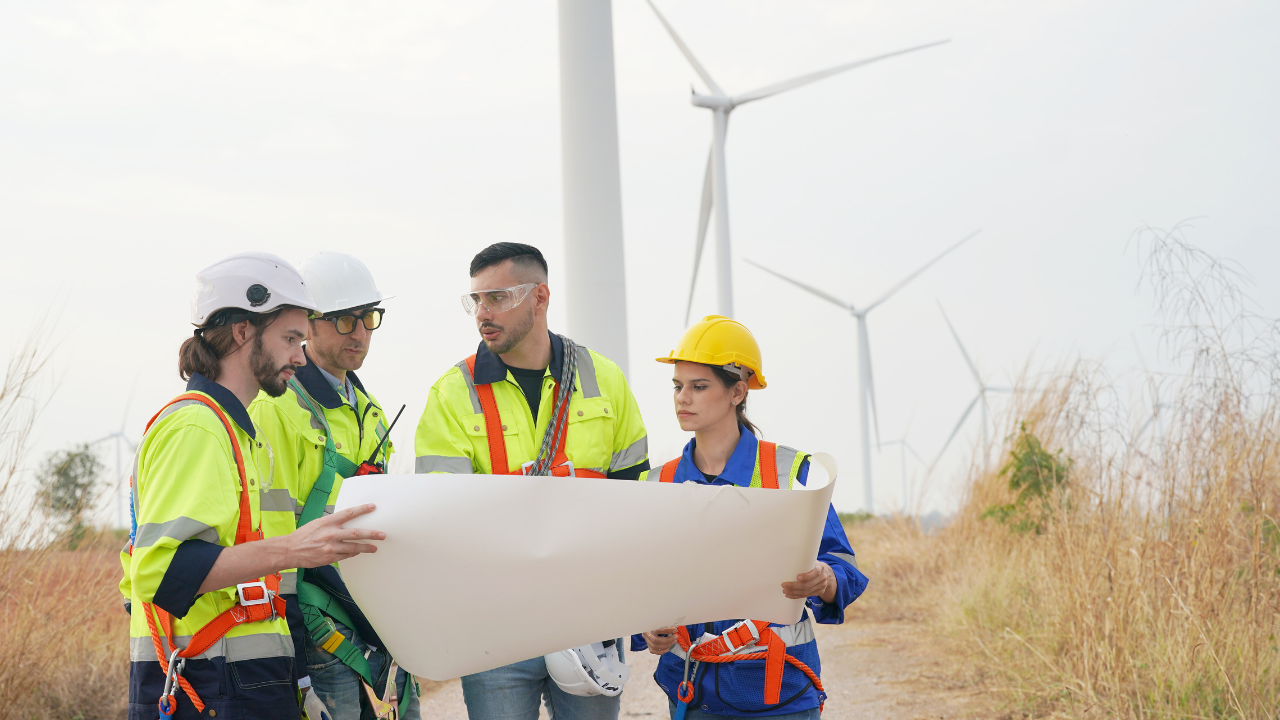 Field engineers examine plans amid wind turbines, focusing on innovation and site-specific adaptation of vertical turbine systems.