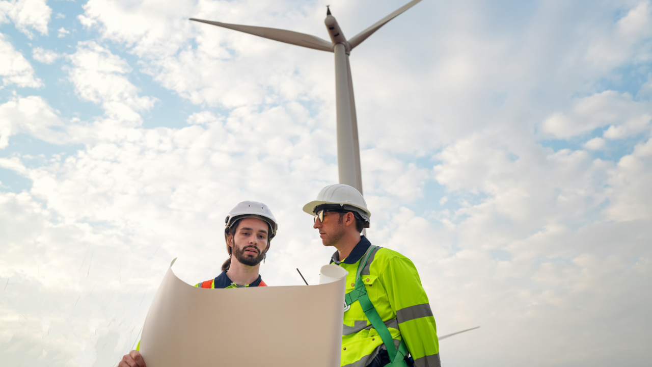 Un equipo analiza planos junto a una turbina, simbolizando planificación precisa para incorporar aerogeneradores verticales.