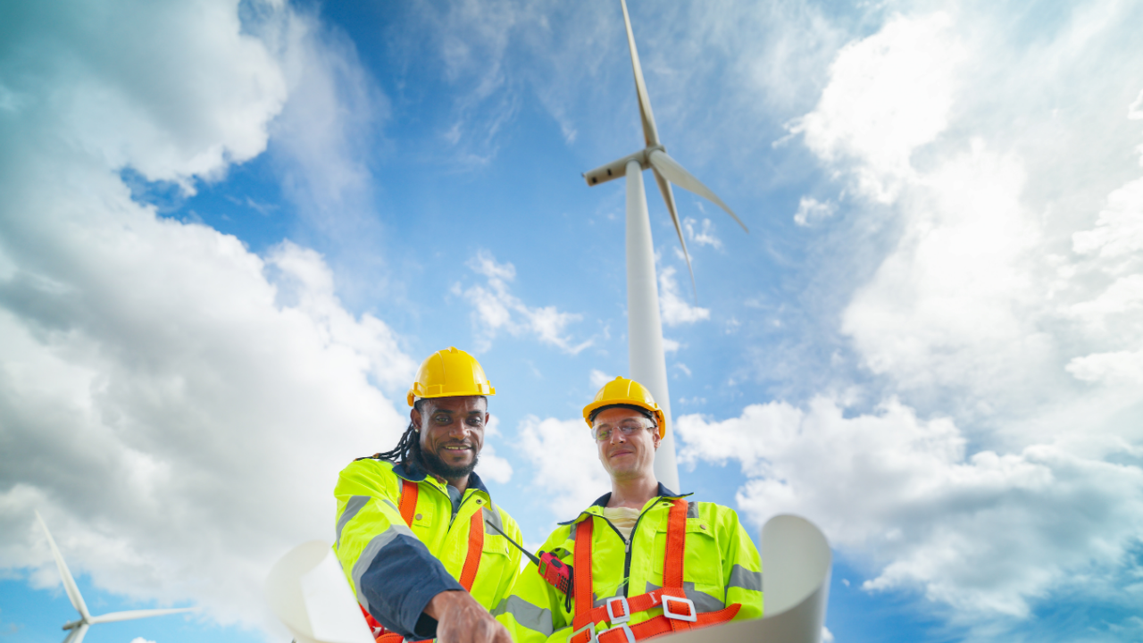 Two engineers in high-visibility gear review blueprints under a towering bladeless wind turbine, highlighting the UK's shift toward innovative renewable technologies.
