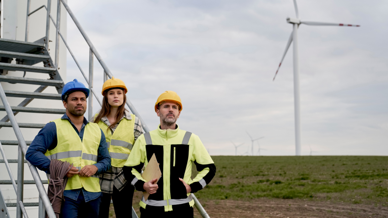 A team of American engineers poses beside a wind turbine structure, representing the country’s growing investment in bladeless wind turbine development.
