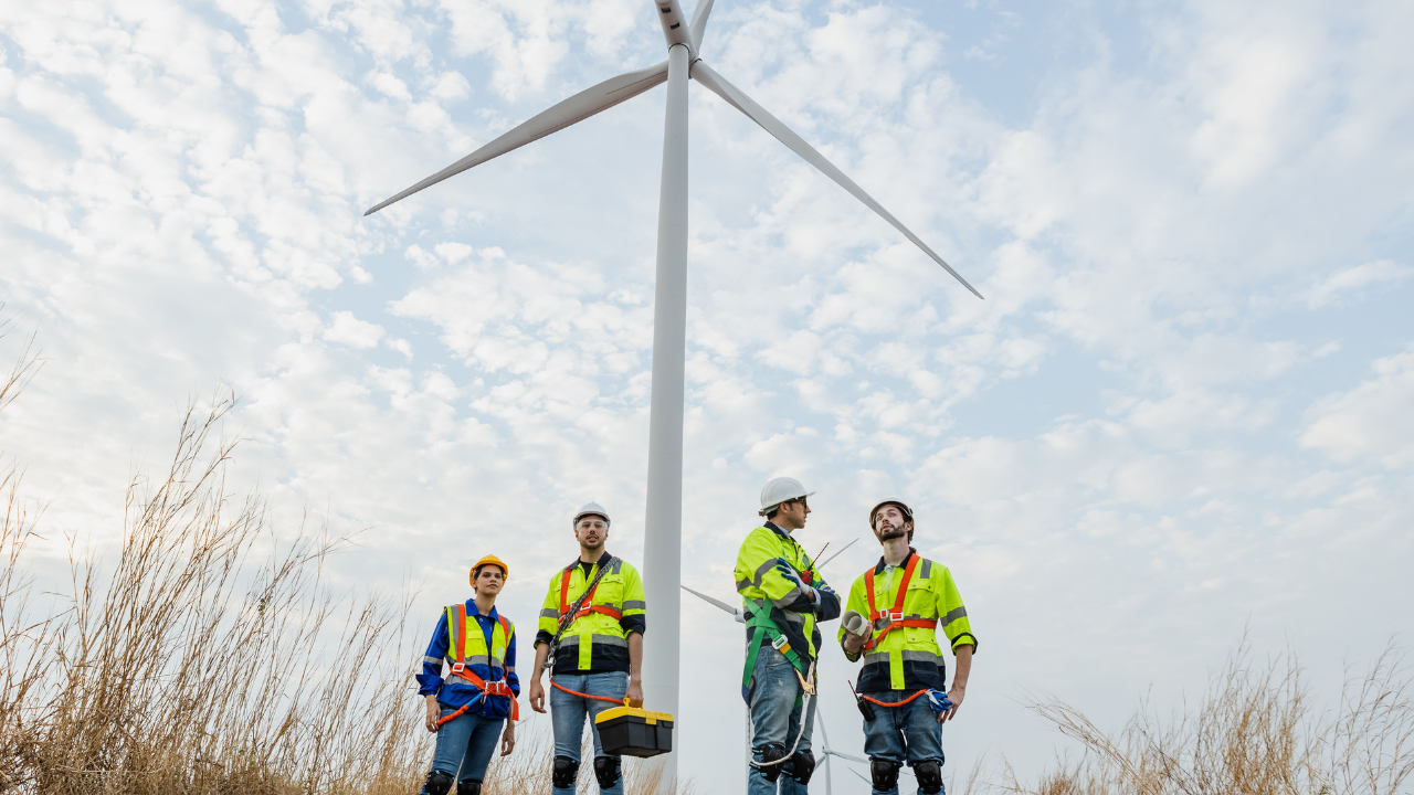 Un grupo de técnicos con arneses y cascos dialoga bajo un aerogenerador en medio del campo, reflejando el trabajo colectivo en energías limpias.