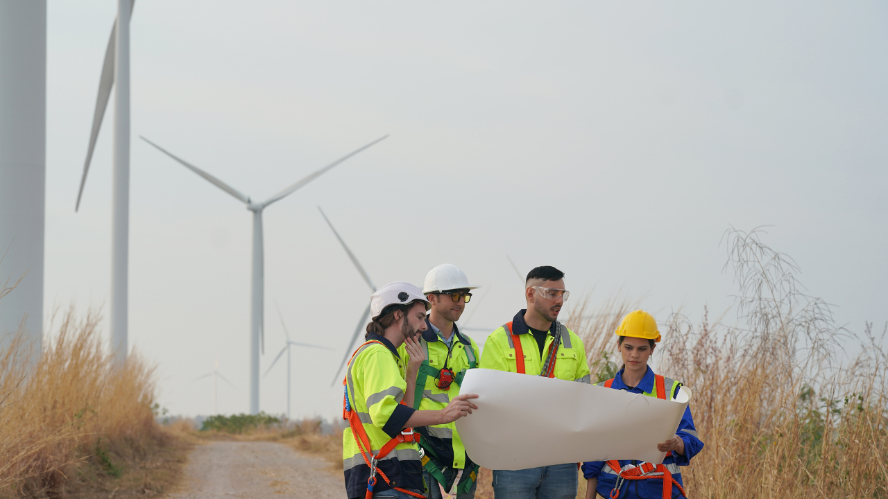 A group of engineers examines a large blueprint in a rural wind farm, collaborating on effective wind integration strategies in the UK.