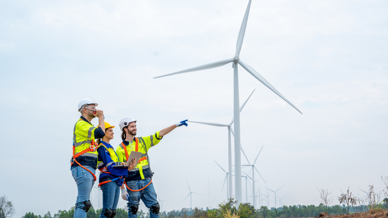 Un equipo uruguayo señala con entusiasmo hacia el horizonte, planificando la expansión de la integración eólica en una zona de alto potencial energético.