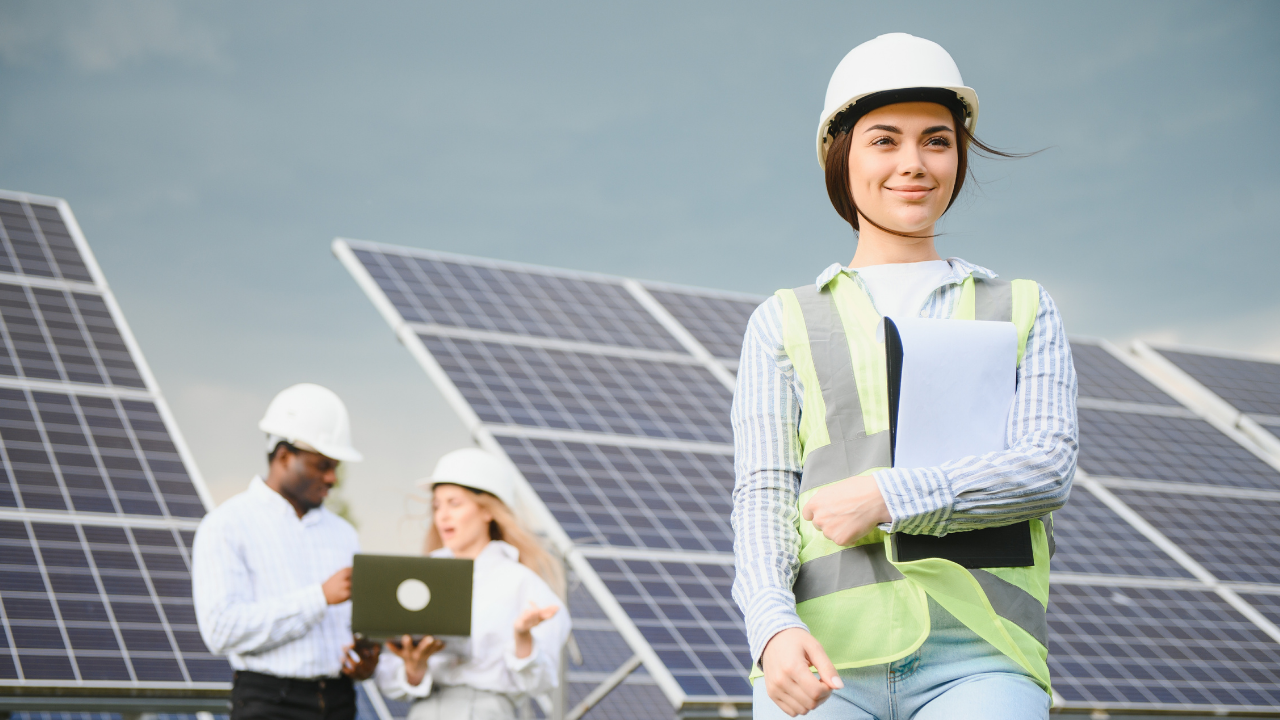 Una ingeniera sonríe mientras camina con confianza entre paneles solares, simbolizando liderazgo femenino y el claro retorno de inversión de las energías renovables en el país.