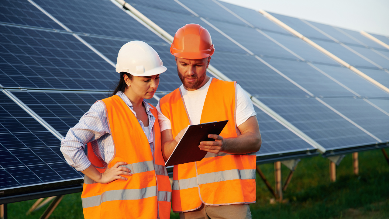 Dos técnicos con chalecos naranjas revisan información en una carpeta frente a un campo solar. La imagen destaca la seriedad y el enfoque meticuloso de las empresas españolas hacia la energía solar en empresas.