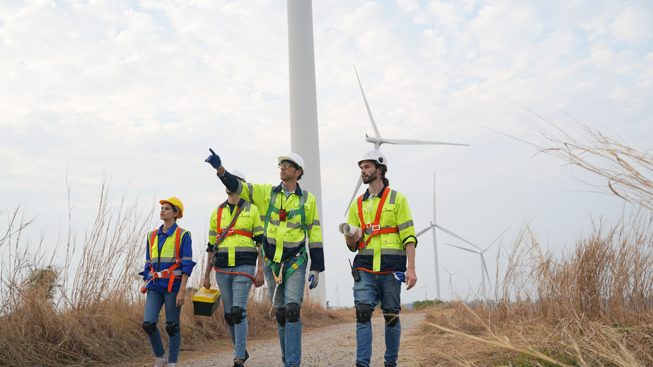 Un grupo de profesionales camina por un sendero entre turbinas eólicas, planificando la implementación de aerogeneradores urbanos en zonas periurbanas de Uruguay.