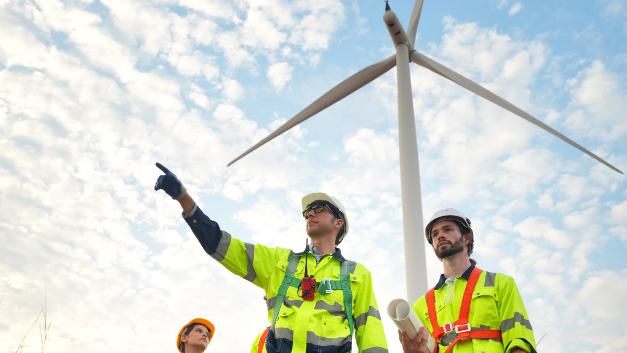 Three engineers assess the site while pointing toward a wind turbine, symbolizing the UK's focus on evaluating the environmental impact of wind energy projects.