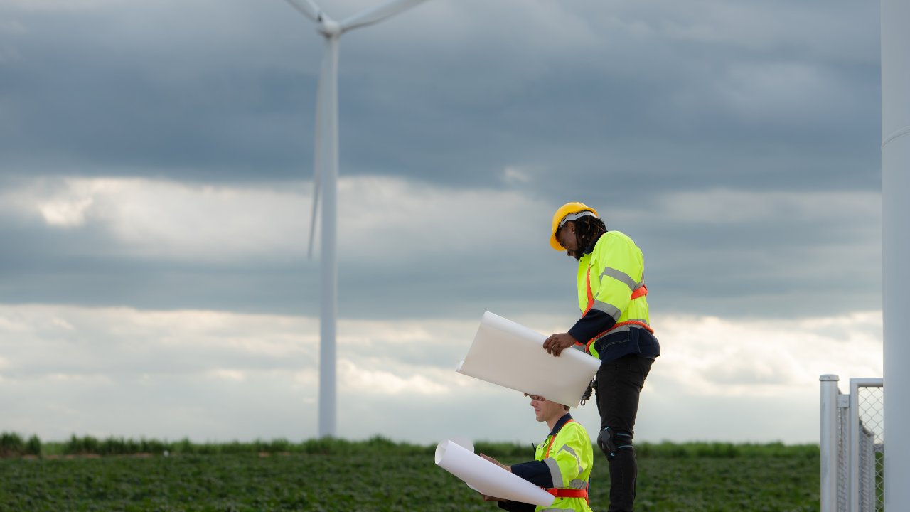 Dos especialistas uruguayos analizan planos en un campo verde bajo un cielo nublado, planificando con atención el impacto ambiental del parque eólico.