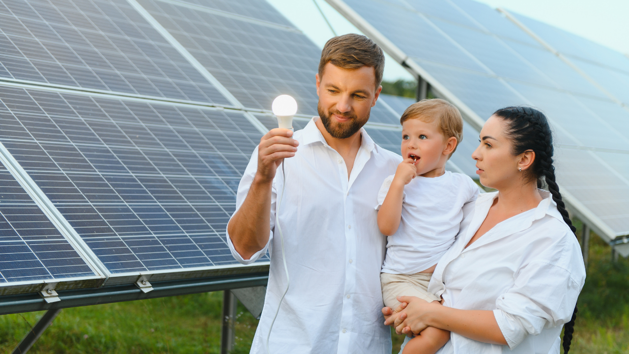 Una familia con ropa clara observa una bombilla encendida frente a paneles solares. El padre la sostiene mientras el niño mira con curiosidad. La imagen refleja el impacto familiar y cotidiano de financiar la instalación solar, asociándolo con bienestar y energía limpia.