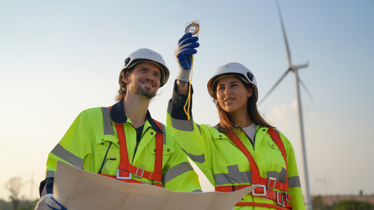 Dos ingenieros argentinos, con trajes de alta visibilidad, evalúan datos con instrumentos frente a aerogeneradores, en una escena que refleja el crecimiento del sector y el papel clave del país en el futuro de la energía eólica