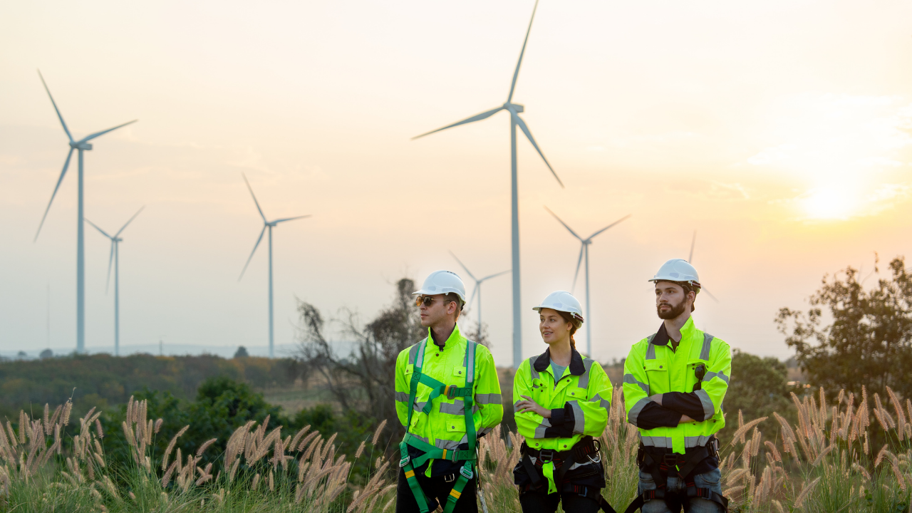 Tres técnicos observan un parque eólico al atardecer, representando cómo la energía eólica doméstica impulsa nuevas oportunidades laborales en el país.