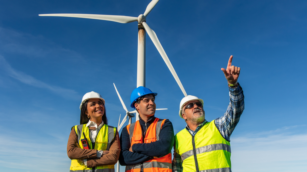 A diverse team of engineers stands proudly by a wind turbine, showcasing how green energy projects foster community collaboration and innovation.