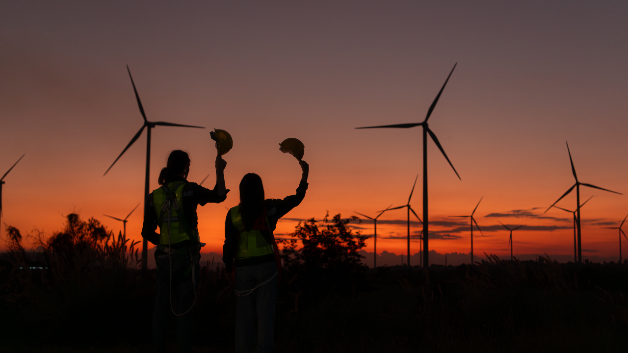 Dos trabajadoras levantan sus cascos frente a un cielo anaranjado lleno de turbinas, celebrando los logros alcanzados mediante la energía eólica doméstica.