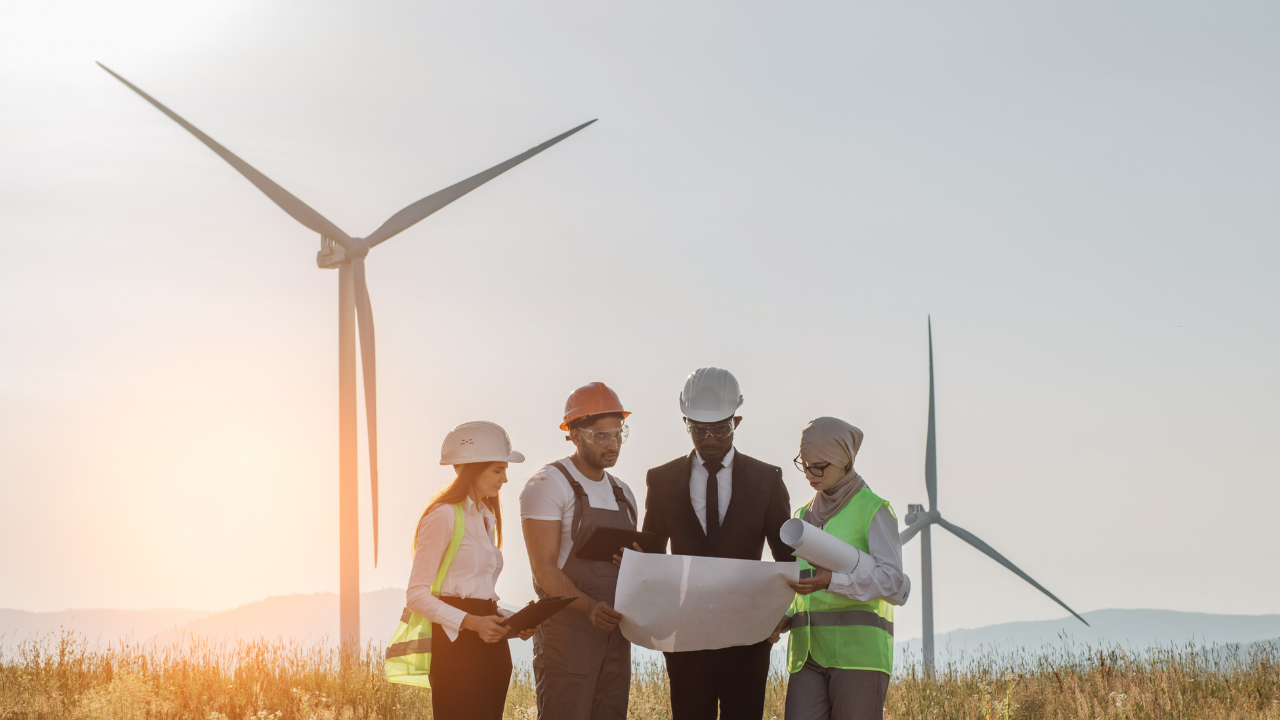 A multicultural team examines blueprints at an onshore wind farm, illustrating strategic planning in onshore vs offshore development.