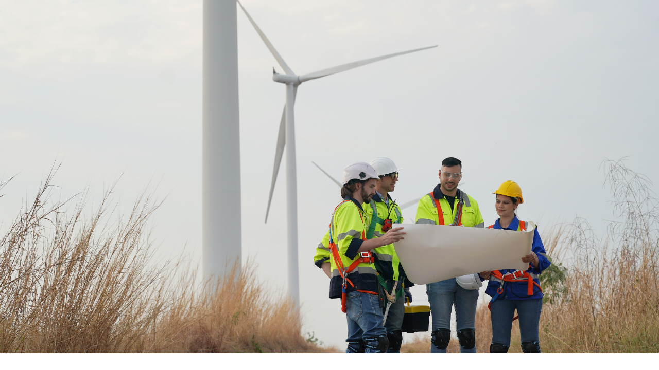 Un grupo de técnicos revisa un plano en un entorno rural, mostrando el enfoque colaborativo en proyectos de energía eólica terrestre vs marina.