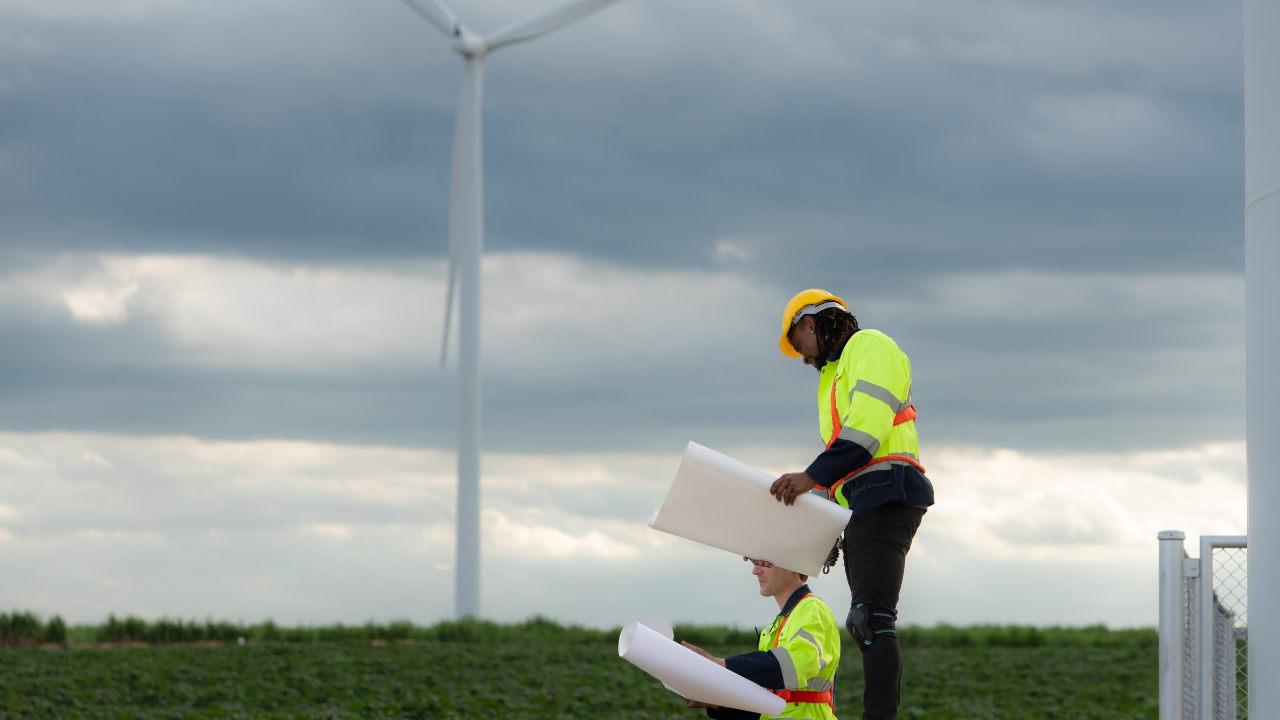 Dos trabajadores revisan planos cerca de un campo de turbinas, simbolizando el compromiso profesional con la energía eólica.