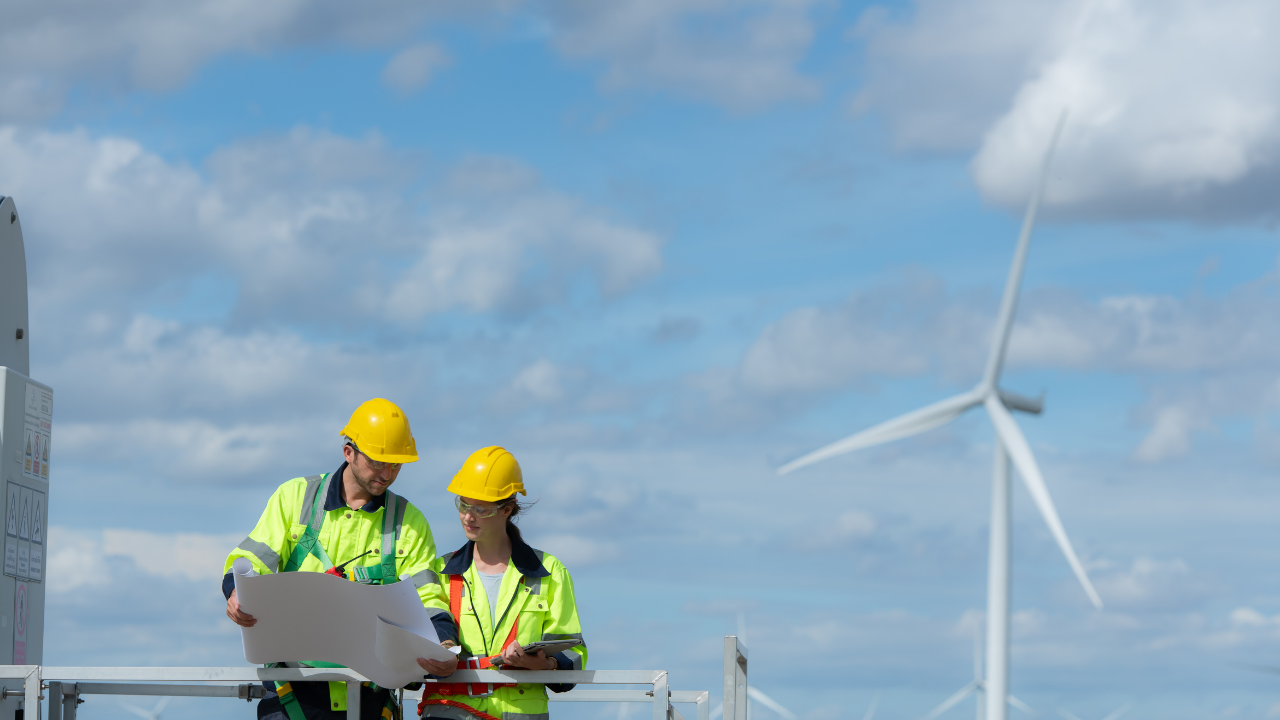 Dos operarios revisan planos en una plataforma junto a una turbina, representando el trabajo técnico detrás de cómo funciona la energía eólica.
