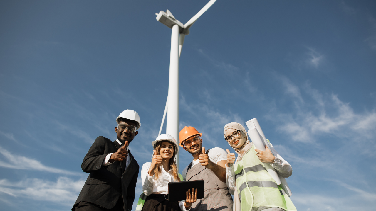 Un equipo diverso muestra entusiasmo junto a un aerogenerador, celebrando el conocimiento compartido de cómo funciona la energía eólica.