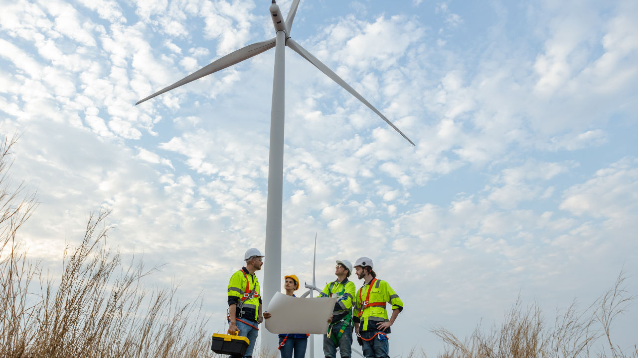 Un grupo de técnicos analiza planos frente a un aerogenerador, representando el compromiso laboral con soluciones sustentables para el entorno.