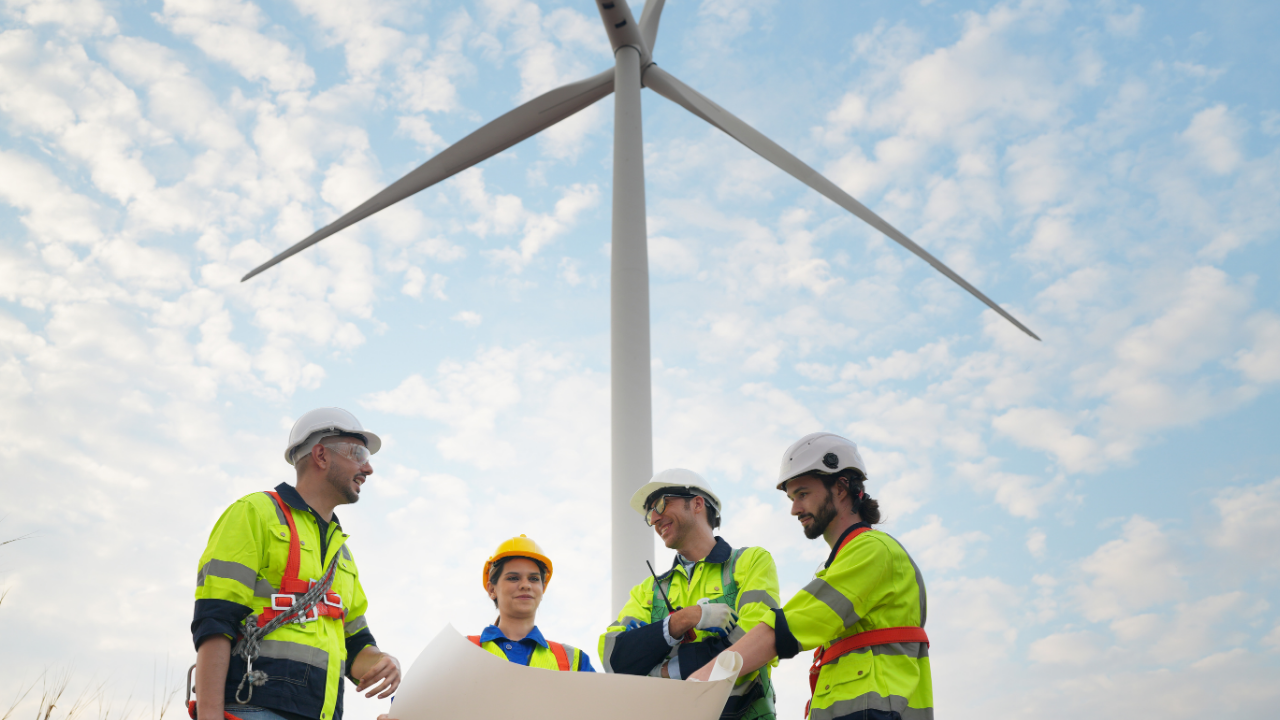 Cuatro trabajadores dialogan bajo un cielo despejado mientras revisan documentos técnicos, simbolizando cooperación y desarrollo local en energías limpias.