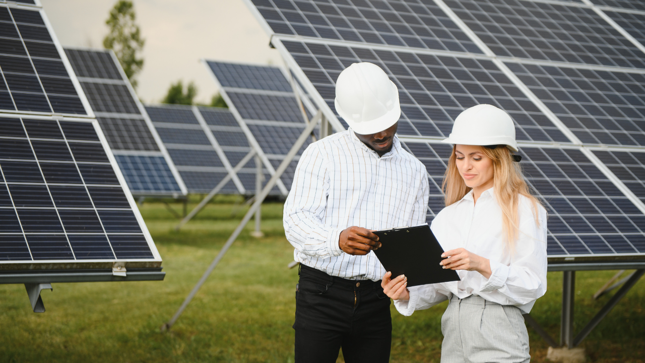 Dos profesionales revisan un informe técnico frente a los paneles solares. Sus cascos y gestos indican análisis y cooperación. La imagen refleja el compromiso español con las energías limpias, destacando la Energía solar de concentración.