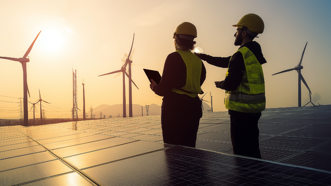 Two engineers in safety gear inspect solar panels and wind turbines at sunset, highlighting the role of aerothermal energy in Britain's green transition.