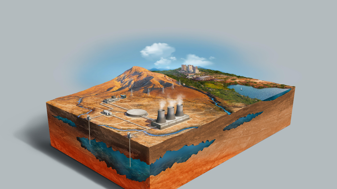 A cutaway illustration depicts how Geothermal energy at home harnesses underground heat, integrating technology with nature and urban development.