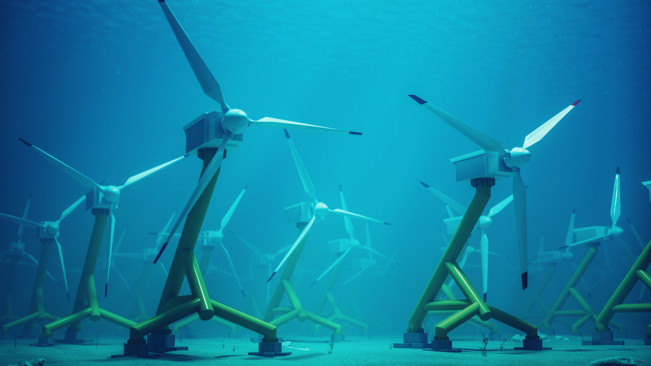 Un parque submarino de turbinas ilustra cómo se aprovecha la energía mareomotriz mediante estructuras innovadoras en el lecho marino.