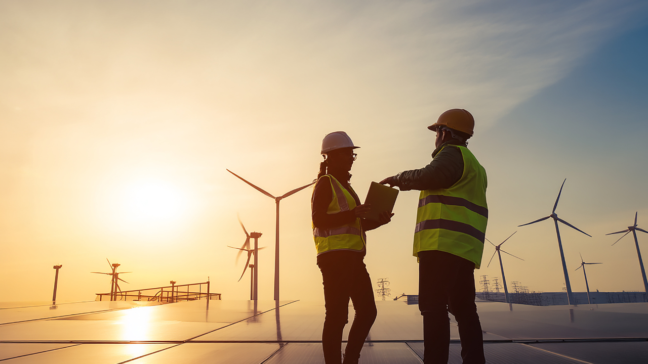American workers on a solar farm discuss data related to wind and solar synergy, representing a practical application of aerothermal energy.